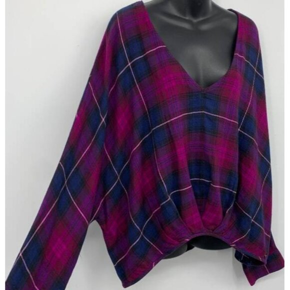 NWT Express Womens Purple Blue Plaid Flannel Top Long Sleeve Round Neck Size XL - Picture 3 of 6